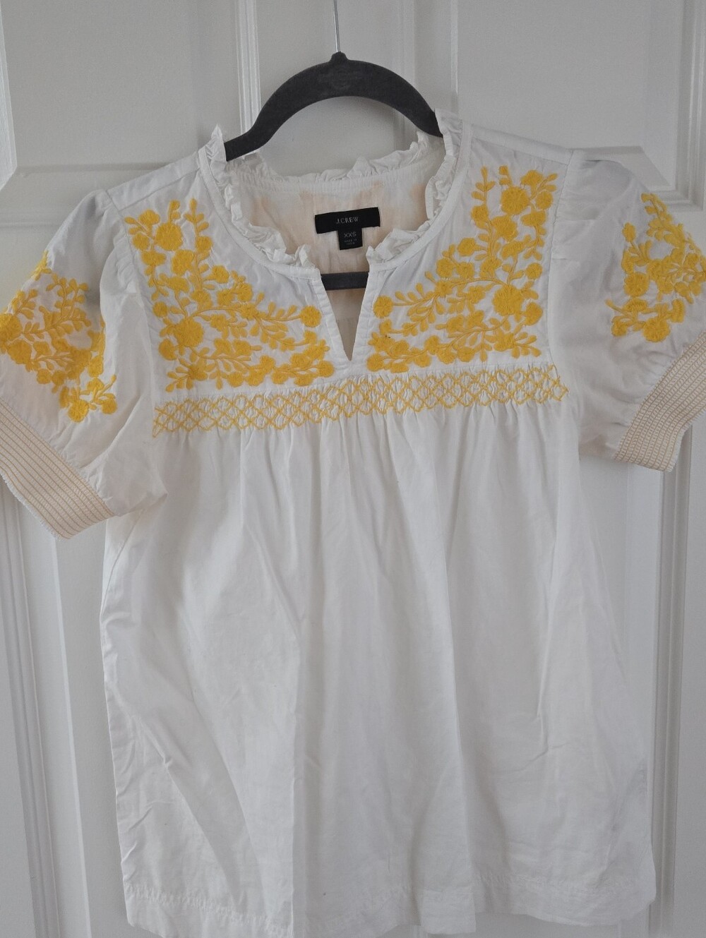 J.Crew XXS White Puff Sleeve Top with Yellow Floral Embroidery
